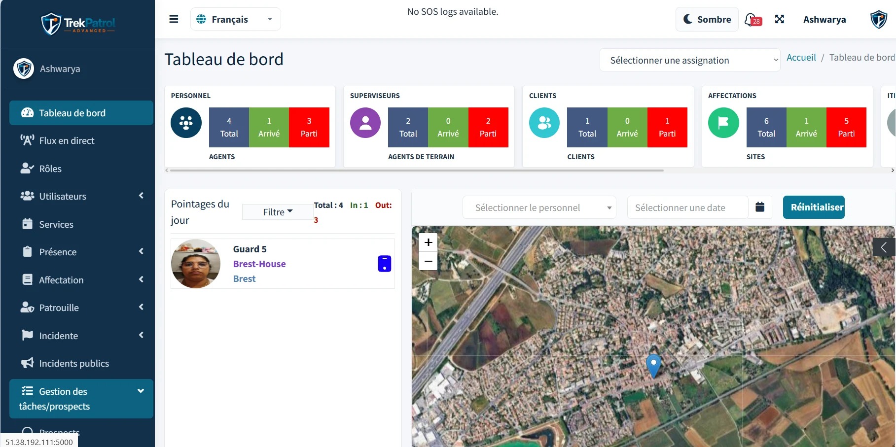 Tableau de bord TrekPatrol avec présence, affectations et carte terrain en direct