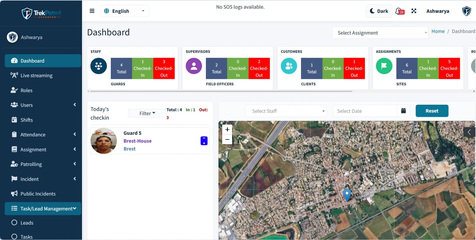 Tableau de bord TrekPatrol avec présence, affectations et carte terrain