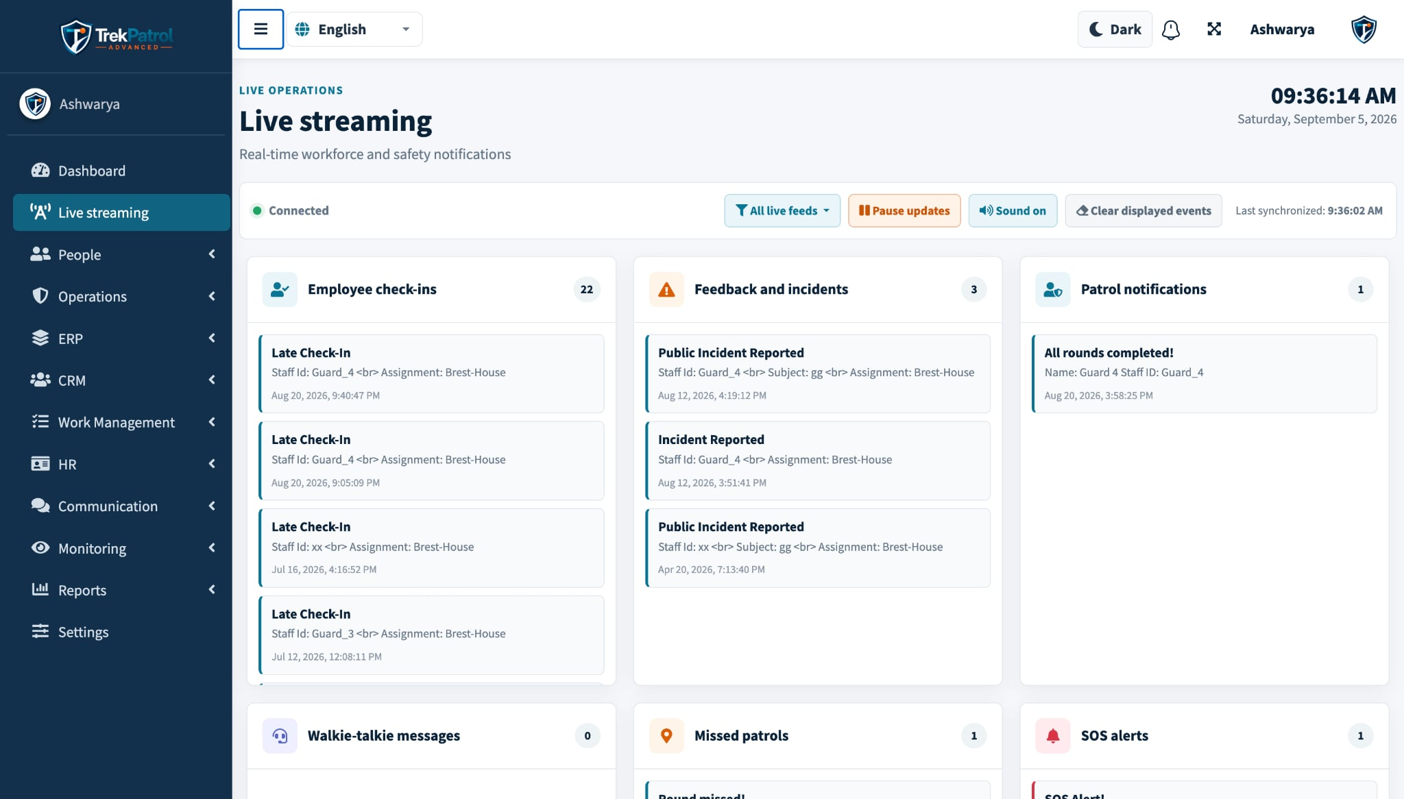 Centre de flux en direct TrekPatrol : pointages, incidents, rondes et alertes