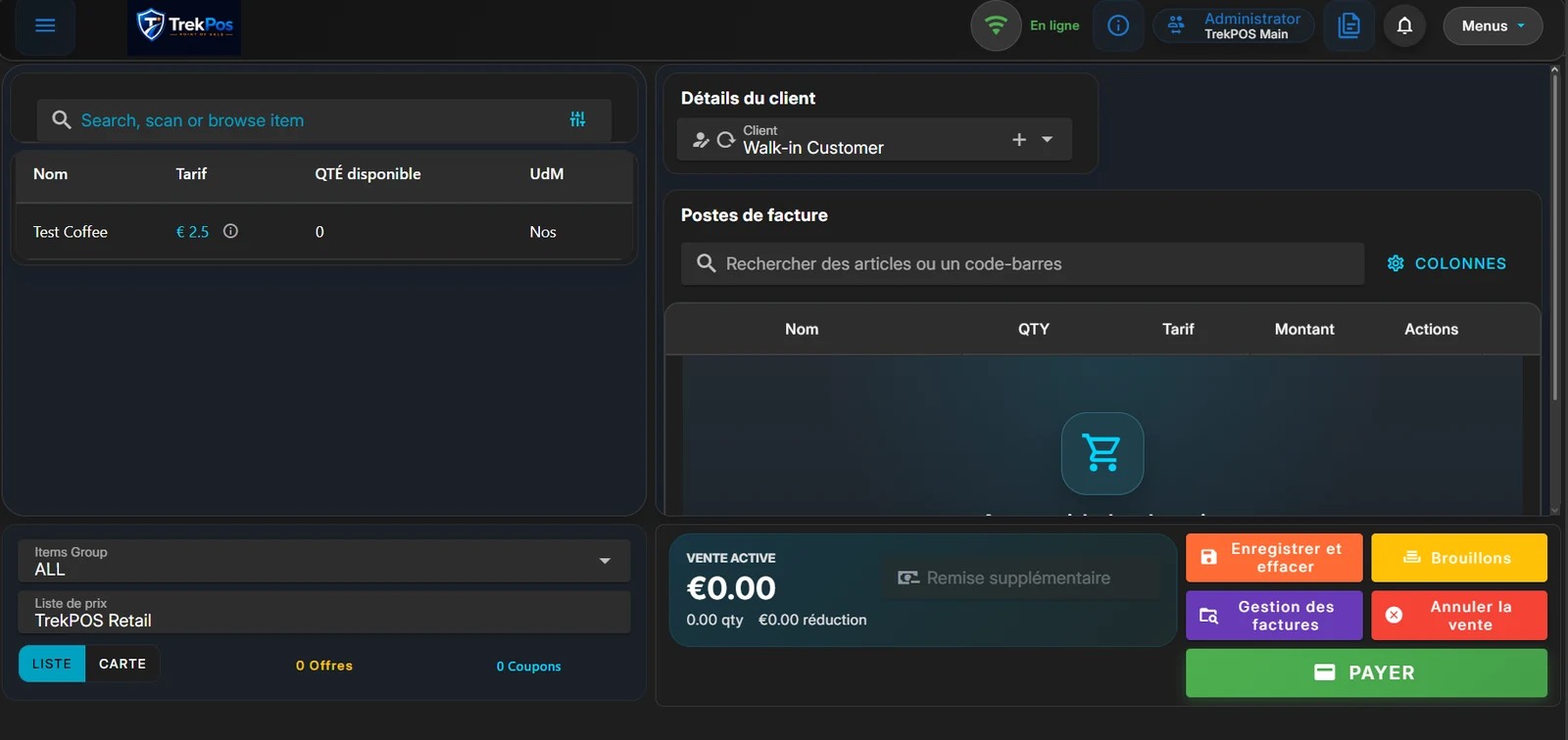Interface point de vente TrekPOS